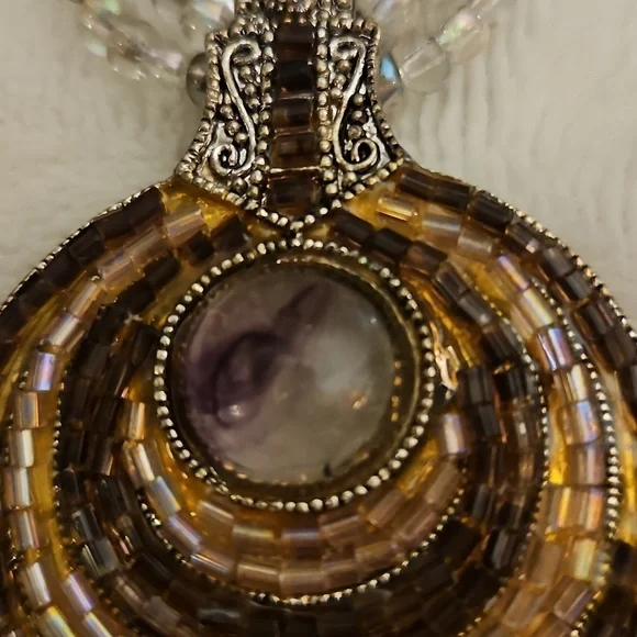 Vtg BEST 1980s Glass Beaded Round Pendant Witchy Necklace - Picture 11 of 13